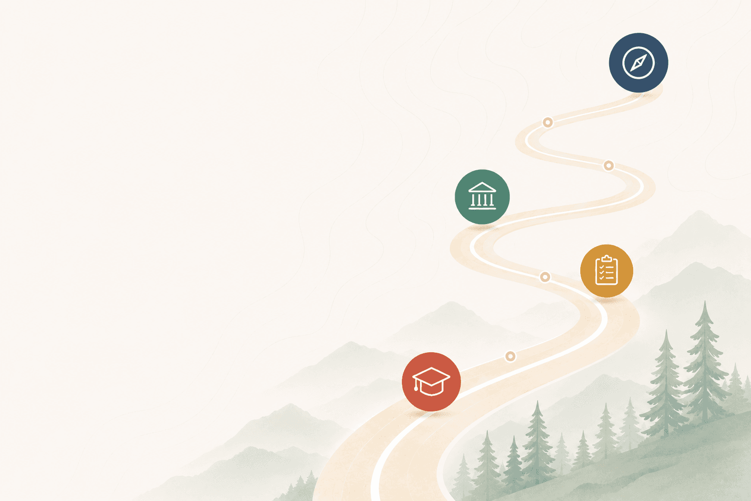 An illustrated winding path through mountains and forest, marking the college-planning journey